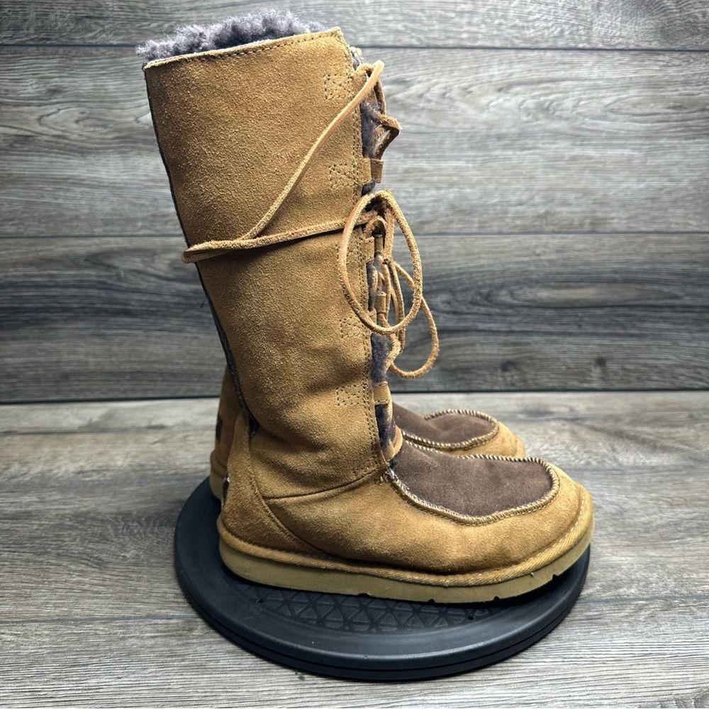 Tall UGG Whitley Moccasin Boots Sheepskin Suede Leather Lace Up Size 5 - Picture 2 of 6